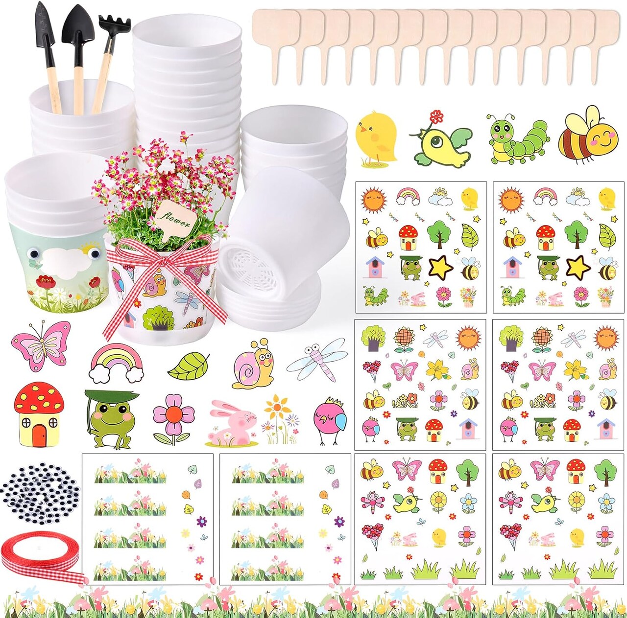 Garden Plastic Pot Spring Activity Craft Kit DIY Flower Plant Crafts Nursery Pots with Stickers Flower Planting Growing Kit for Spring Summer Home Classroom School Creative DIY Art Project Activities for Kids